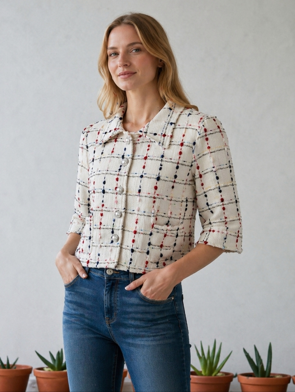 Dolce Cabo White Crop Jacket with Multicolor Accents. Large.